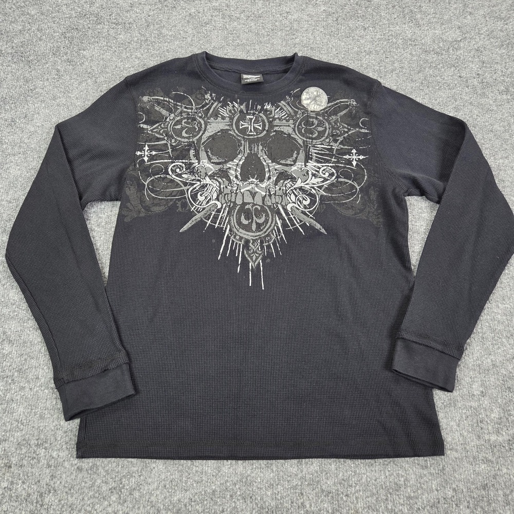 MMA Elite Shirt Mens Large Black Thermal Skull y2k Graphic Gothic Long Sleeve